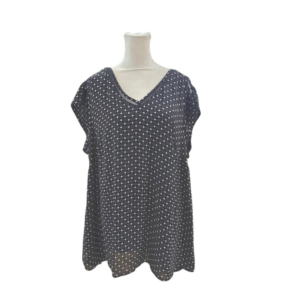 DR2 Women 1X Black‎ White Polka Dot V Neck Short Sleeve Top